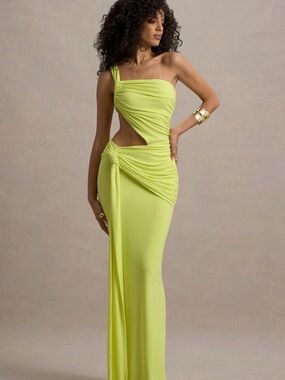 Club L London One-Shoulder Cutout Lime Evening Gown